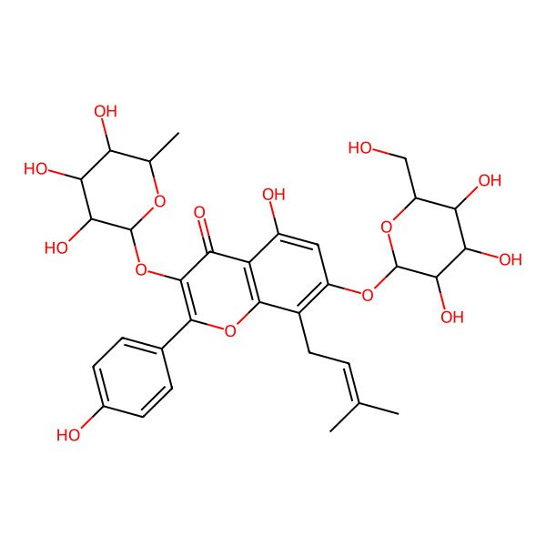2D Structure of 5-hydroxy-2-(4-hydroxyphenyl)-8-(3-methylbut-2-enyl)-7-[(2S,3R,4S,5R,6R)-3,4,5-trihydroxy-6-(hydroxymethyl)oxan-2-yl]oxy-3-[(2S,3S,4R,5R,6S)-3,4,5-trihydroxy-6-methyloxan-2-yl]oxychromen-4-one