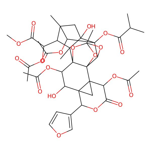 2D Structure of [(1S,2S,3S,4R,5R,8S,9R,10S,12R,14R,15R,16S,18S,19R,20S,22R)-2,8,22-triacetyloxy-19-[(1S)-1-acetyloxy-2-methoxy-2-oxoethyl]-5-(furan-3-yl)-3,16-dihydroxy-12,18,20-trimethyl-7-oxo-6,11,13,21-tetraoxaoctacyclo[10.8.1.14,9.115,18.01,10.04,9.010,14.016,20]tricosan-15-yl] 2-methylpropanoate