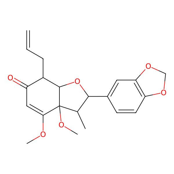 2D Structure of (2R,3S,3aS,7R,7aS)-2-(1,3-benzodioxol-5-yl)-3a,4-dimethoxy-3-methyl-7-prop-2-enyl-2,3,7,7a-tetrahydro-1-benzofuran-6-one 2D Structure of (2R,3S,3aS,7R,7aS)-2-(1,3-benzodioxol-5-yl)-3a,4-dimethoxy-3-methyl-7-prop-2-enyl-2,3,7,7a-tetrahydro-1-benzofuran-6-one