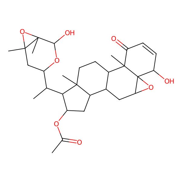 2D Structure of [6-Hydroxy-15-[1-(2-hydroxy-1,6-dimethyl-3,7-dioxabicyclo[4.1.0]heptan-4-yl)ethyl]-2,16-dimethyl-3-oxo-8-oxapentacyclo[9.7.0.02,7.07,9.012,16]octadec-4-en-14-yl] acetate