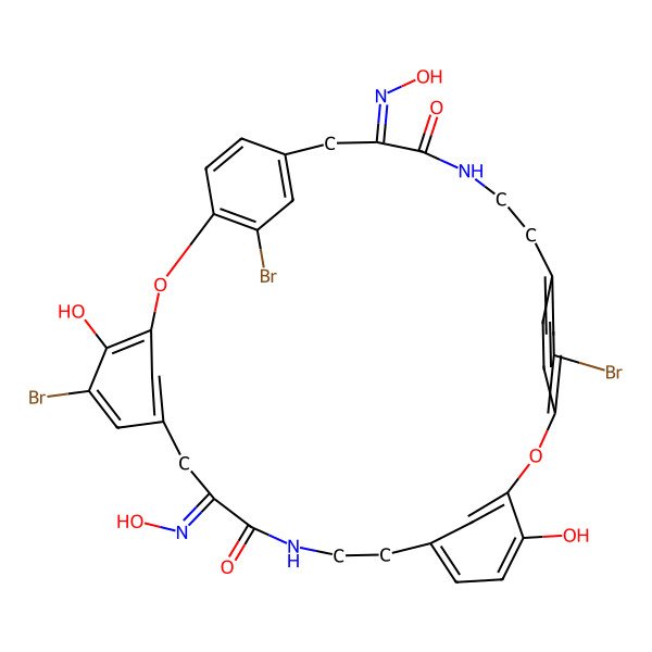 2D Structure of 16,21,32-Tribromo-4,17-dihydroxy-12,25-bis(hydroxyimino)-2,19-dioxa-10,27-diazapentacyclo[28.2.2.220,23.13,7.114,18]octatriaconta-1(32),3,5,7(38),14(37),15,17,20,22,30,33,35-dodecaene-11,26-dione