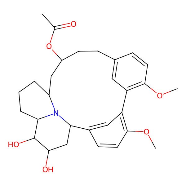 2D Structure of [(1S,14R,16R,20R,21S,22S)-21,22-dihydroxy-5,8-dimethoxy-24-azapentacyclo[14.7.1.12,6.17,11.020,24]hexacosa-2(26),3,5,7,9,11(25)-hexaen-14-yl] acetate