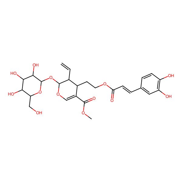 2D Structure of methyl 4-[2-[3-(3,4-dihydroxyphenyl)prop-2-enoyloxy]ethyl]-3-ethenyl-2-[3,4,5-trihydroxy-6-(hydroxymethyl)oxan-2-yl]oxy-3,4-dihydro-2H-pyran-5-carboxylate