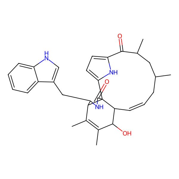 2D Structure of 9-hydroxy-5-(1H-indol-3-ylmethyl)-7,8,14,16-tetramethyl-4,21-diazatetracyclo[16.2.1.02,6.02,10]henicosa-1(20),7,11,18-tetraene-3,17-dione