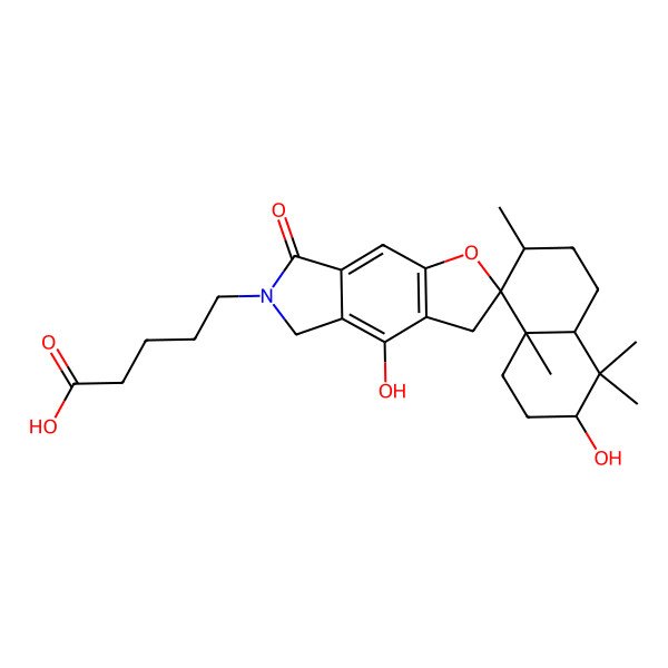 2D Structure of 5-[(3R,4aS,7S,8S,8aR)-3,4'-dihydroxy-4,4,7,8a-tetramethyl-7'-oxospiro[2,3,4a,5,6,7-hexahydro-1H-naphthalene-8,2'-3,5-dihydrofuro[2,3-f]isoindole]-6'-yl]pentanoic acid