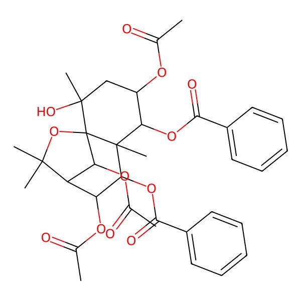 2D Structure of (4,8,12-Triacetyloxy-7-benzoyloxy-2-hydroxy-2,6,10,10-tetramethyl-11-oxatricyclo[7.2.1.01,6]dodecan-5-yl) benzoate