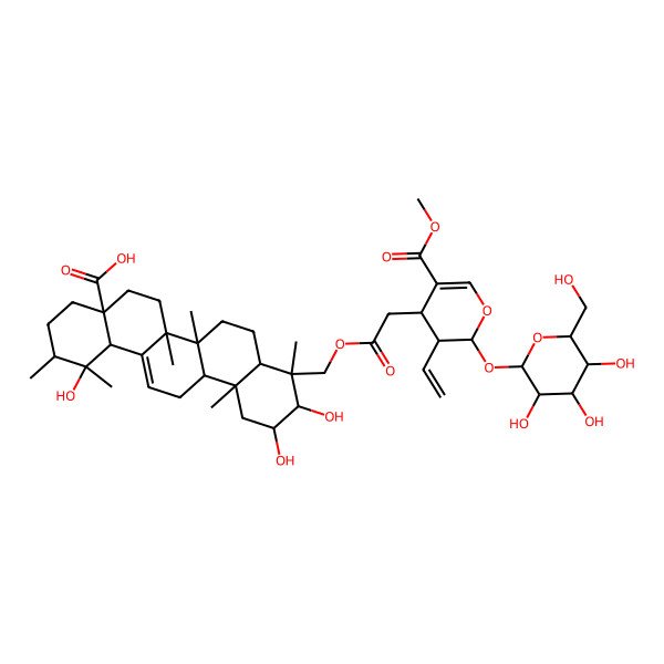 2D Structure of (1R,2R,4aS,6aR,6aS,6bR,8aR,9S,10R,11R,12aR,14bS)-9-[[2-[(2S,3R,4S)-3-ethenyl-5-methoxycarbonyl-2-[(2S,3R,4S,5S,6R)-3,4,5-trihydroxy-6-(hydroxymethyl)oxan-2-yl]oxy-3,4-dihydro-2H-pyran-4-yl]acetyl]oxymethyl]-1,10,11-trihydroxy-1,2,6a,6b,9,12a-hexamethyl-2,3,4,5,6,6a,7,8,8a,10,11,12,13,14b-tetradecahydropicene-4a-carboxylic acid