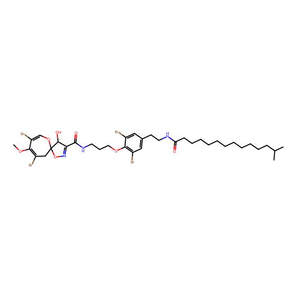 2D Structure of 7,9-dibromo-N-[3-[2,6-dibromo-4-[2-(13-methyltetradecanoylamino)ethyl]phenoxy]propyl]-4-hydroxy-8-methoxy-1,11-dioxa-2-azaspiro[4.6]undeca-2,7,9-triene-3-carboxamide