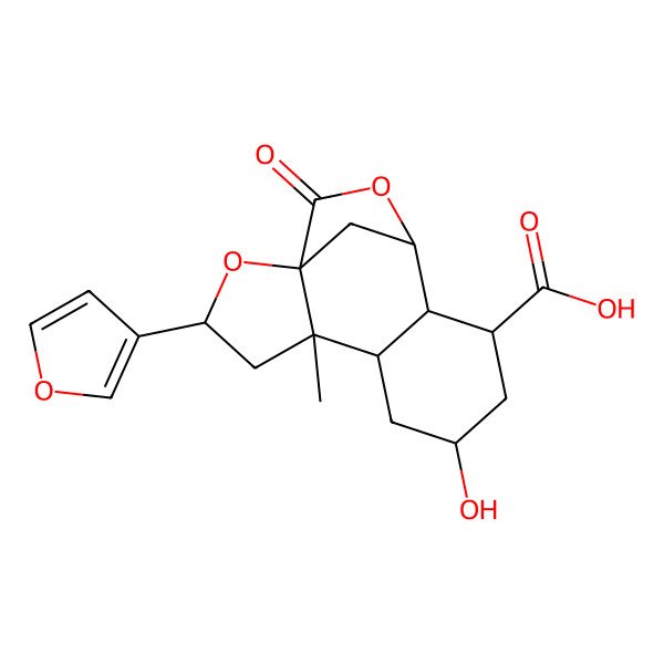 2D Structure of (1S,5S,6R,11S,12R)-3-(furan-3-yl)-8-hydroxy-5-methyl-14-oxo-2,13-dioxatetracyclo[10.2.1.01,5.06,11]pentadecane-10-carboxylic acid