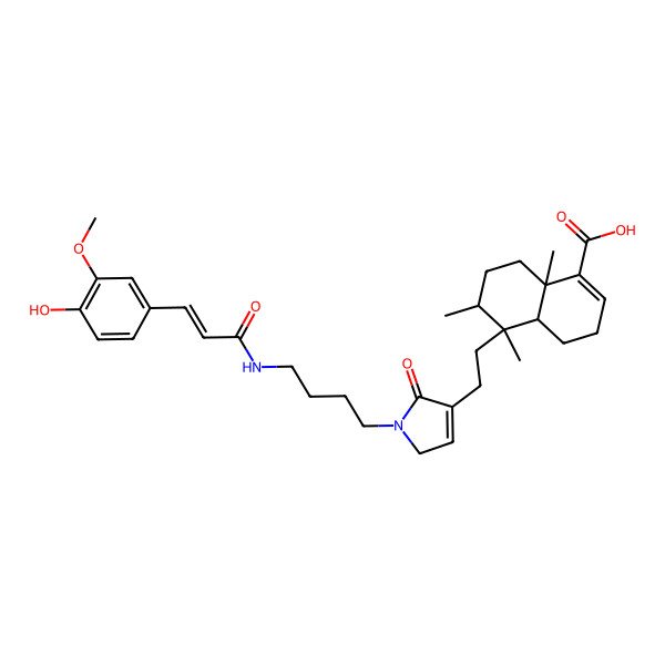 2D Structure of (4aS,5R,6S,8aS)-5-[2-[1-[4-[[(E)-3-(4-hydroxy-3-methoxyphenyl)prop-2-enoyl]amino]butyl]-5-oxo-2H-pyrrol-4-yl]ethyl]-5,6,8a-trimethyl-3,4,4a,6,7,8-hexahydronaphthalene-1-carboxylic acid