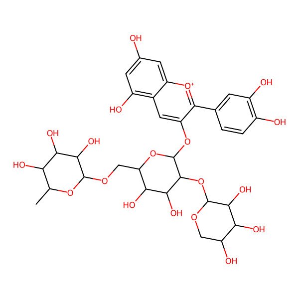 2D Structure of (2R,3S,4S,5R,6S)-2-[[(2R,3S,4S,5S,6R)-6-[2-(3,4-dihydroxyphenyl)-5,7-dihydroxychromenylium-3-yl]oxy-3,4-dihydroxy-5-[(2S,3S,4S,5S)-3,4,5-trihydroxyoxan-2-yl]oxyoxan-2-yl]methoxy]-6-methyloxane-3,4,5-triol