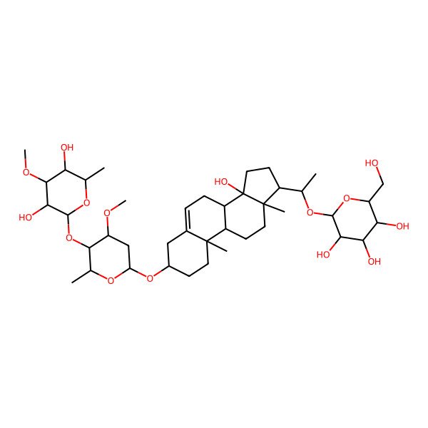 2D Structure of (2R,3R,4S,5R,6R)-2-[(1S)-1-[(3S,8R,9S,10R,13R,14S,17S)-3-[(2R,4R,5R,6R)-5-[(2S,3R,4S,5R,6R)-3,5-dihydroxy-4-methoxy-6-methyloxan-2-yl]oxy-4-methoxy-6-methyloxan-2-yl]oxy-14-hydroxy-10,13-dimethyl-1,2,3,4,7,8,9,11,12,15,16,17-dodecahydrocyclopenta[a]phenanthren-17-yl]ethoxy]-6-(hydroxymethyl)oxane-3,4,5-triol