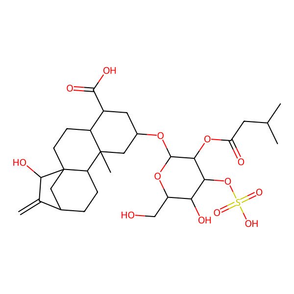 2D Structure of (1R,4R,5R,7R,9R,10S,13R,15S)-15-hydroxy-7-[(2R,3R,4S,5R,6R)-5-hydroxy-6-(hydroxymethyl)-3-(3-methylbutanoyloxy)-4-sulfooxyoxan-2-yl]oxy-9-methyl-14-methylidenetetracyclo[11.2.1.01,10.04,9]hexadecane-5-carboxylic acid