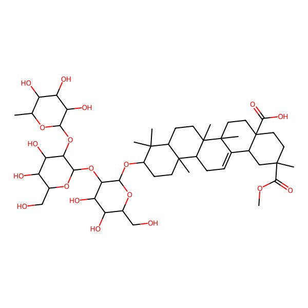 2D Structure of (2S,4aS,6aS,6aS,6bR,8aR,10S,12aR,14bR)-10-[(2S,3R,4S,5S,6R)-3-[(2S,3R,4S,5R,6R)-4,5-dihydroxy-6-(hydroxymethyl)-3-[(2S,3R,4R,5R,6R)-3,4,5-trihydroxy-6-methyloxan-2-yl]oxyoxan-2-yl]oxy-4,5-dihydroxy-6-(hydroxymethyl)oxan-2-yl]oxy-2-methoxycarbonyl-2,6a,6b,9,9,12a-hexamethyl-1,3,4,5,6,6a,7,8,8a,10,11,12,13,14b-tetradecahydropicene-4a-carboxylic acid