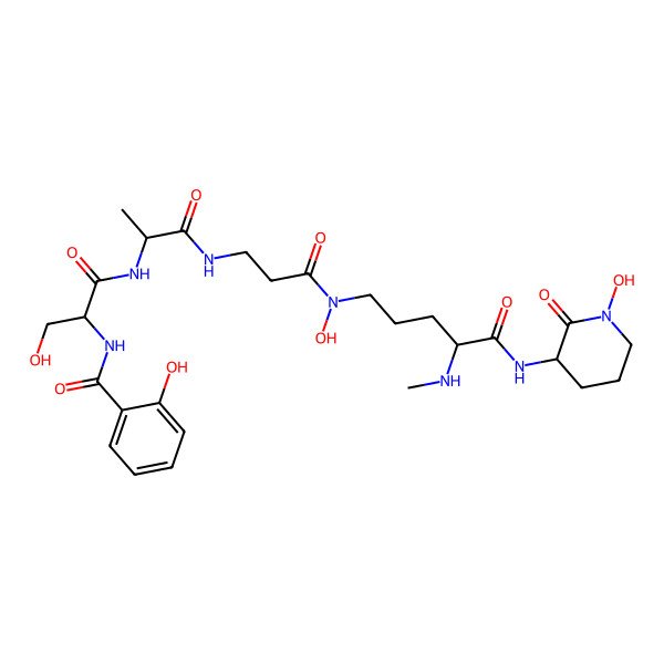 2D Structure of 2-hydroxy-N-[3-hydroxy-1-[[1-[[3-[hydroxy-[5-[(1-hydroxy-2-oxopiperidin-3-yl)amino]-4-(methylamino)-5-oxopentyl]amino]-3-oxopropyl]amino]-1-oxopropan-2-yl]amino]-1-oxopropan-2-yl]benzamide