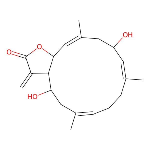 2D Structure of 4,12-Dihydroxy-6,10,14-trimethyl-3-methylidene-3a,4,5,8,9,12,13,15a-octahydrocyclotetradeca[b]furan-2-one