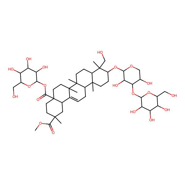 2D Structure of 2-O-methyl 4a-O-[(2S,3R,4S,5S,6R)-3,4,5-trihydroxy-6-(hydroxymethyl)oxan-2-yl] (2R,4aR,6aR,6aS,6bS,8aS,9R,10S,12aR,14bR)-10-[(2S,3R,4S,5S)-3,5-dihydroxy-4-[(2S,3R,4S,5S,6R)-3,4,5-trihydroxy-6-(hydroxymethyl)oxan-2-yl]oxyoxan-2-yl]oxy-9-(hydroxymethyl)-2,6a,6b,9,12a-pentamethyl-1,3,4,5,6,6a,7,8,8a,10,11,12,13,14b-tetradecahydropicene-2,4a-dicarboxylate