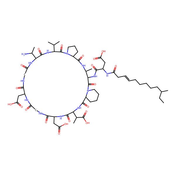 2D Structure of (3S)-4-[[(3S,4R,13S,16R,22S,28S)-16-(1-aminoethyl)-31-[(1S)-1-carboxyethyl]-22,28-bis(carboxymethyl)-4-methyl-2,6,12,15,18,21,24,27,30,33-decaoxo-13-propan-2-yl-1,5,11,14,17,20,23,26,29,32-decazatricyclo[32.4.0.07,11]octatriacontan-3-yl]amino]-3-[[(Z)-10-methyldodec-3-enoyl]amino]-4-oxobutanoic acid