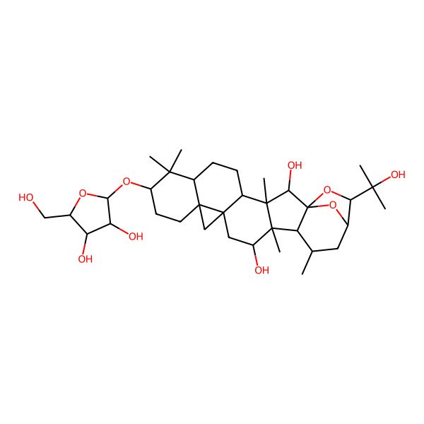 2D Structure of 9-[3,4-Dihydroxy-5-(hydroxymethyl)oxolan-2-yl]oxy-22-(2-hydroxypropan-2-yl)-3,8,8,17,19-pentamethyl-23,24-dioxaheptacyclo[19.2.1.01,18.03,17.04,14.07,12.012,14]tetracosane-2,16-diol