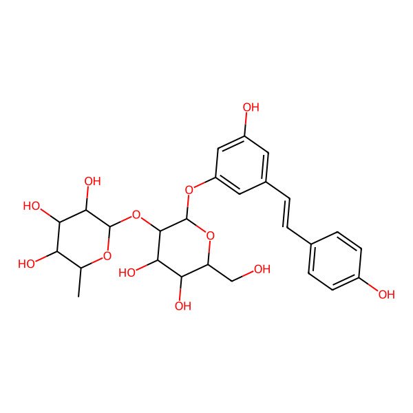 2D Structure of 2-[4,5-Dihydroxy-2-[3-hydroxy-5-[2-(4-hydroxyphenyl)ethenyl]phenoxy]-6-(hydroxymethyl)oxan-3-yl]oxy-6-methyloxane-3,4,5-triol