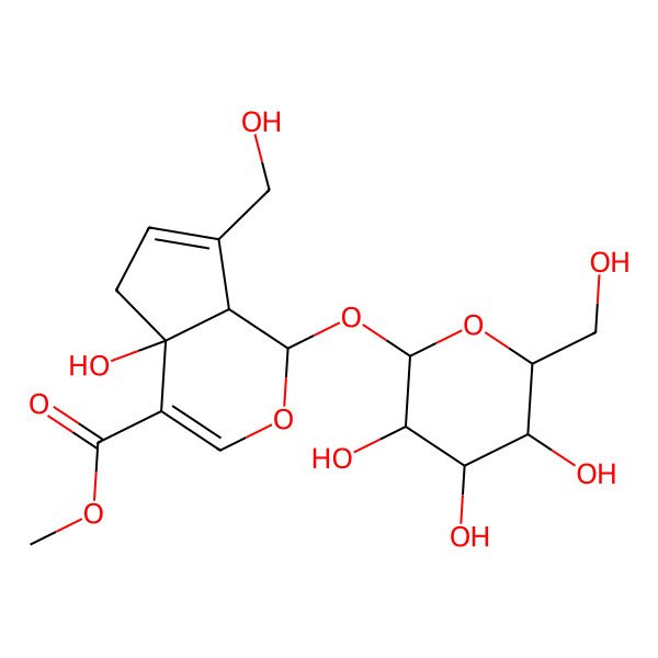 2D Structure of methyl (1S,4aR,7aR)-4a-hydroxy-7-(hydroxymethyl)-1-[(2R,3S,4S,5S,6R)-3,4,5-trihydroxy-6-(hydroxymethyl)oxan-2-yl]oxy-5,7a-dihydro-1H-cyclopenta[c]pyran-4-carboxylate