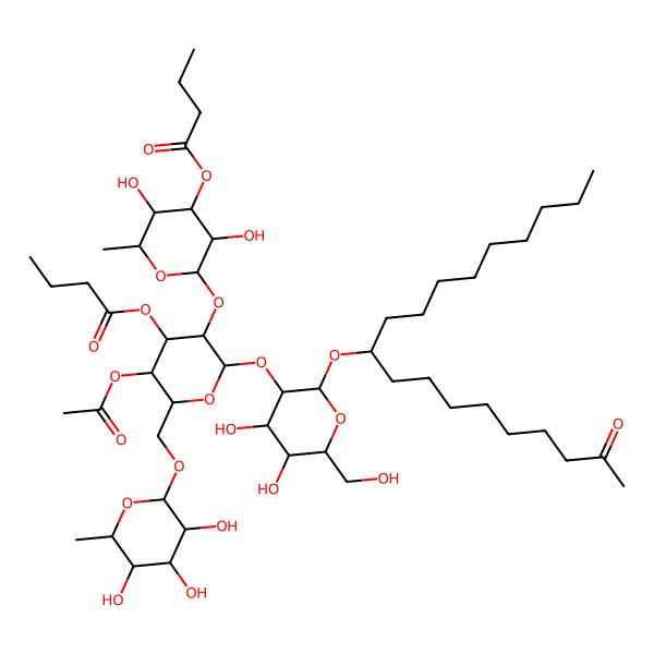 2D Structure of [(2S,3S,4R,5S,6S)-2-[(2S,3R,4S,5R,6R)-5-acetyloxy-4-butanoyloxy-2-[(2R,3R,4S,5S,6R)-4,5-dihydroxy-6-(hydroxymethyl)-2-[(10R)-2-oxononadecan-10-yl]oxyoxan-3-yl]oxy-6-[[(2R,3S,4S,5R,6R)-3,4,5-trihydroxy-6-methyloxan-2-yl]oxymethyl]oxan-3-yl]oxy-3,5-dihydroxy-6-methyloxan-4-yl] butanoate