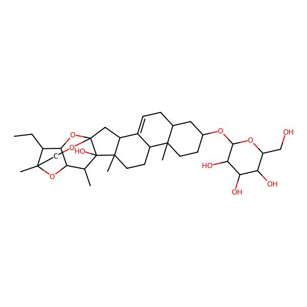 2D Structure of (2S,3R,4S,5S,6R)-2-[[(1S,3S,7R,9R,12S,13R,16S,17S,18R,19S,21S,22S,23S)-22-ethyl-17-hydroxy-12,16,18,21-tetramethyl-20,24,25-trioxaheptacyclo[19.3.2.01,17.03,16.04,13.07,12.019,23]hexacos-4-en-9-yl]oxy]-6-(hydroxymethyl)oxane-3,4,5-triol