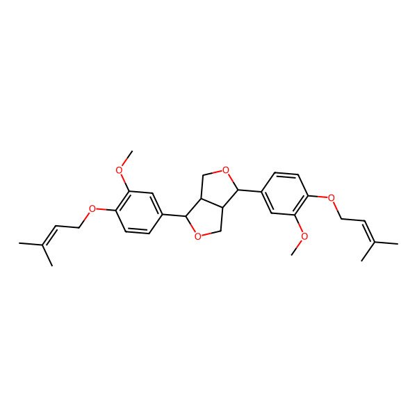 2D Structure of (3S,3aR,6S,6aR)-3,6-bis[3-methoxy-4-(3-methylbut-2-enoxy)phenyl]-1,3,3a,4,6,6a-hexahydrofuro[3,4-c]furan