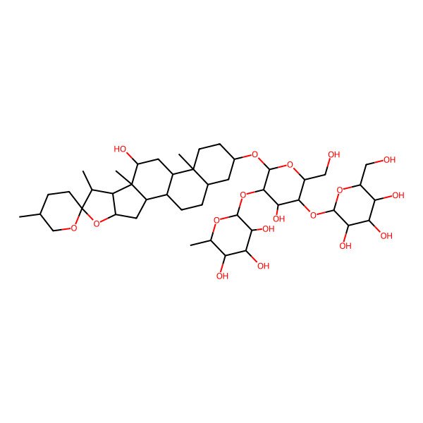 2D Structure of (2S,3R,4R,5R,6S)-2-[(2R,3R,4S,5S,6R)-4-hydroxy-6-(hydroxymethyl)-2-[(1R,2S,4S,5'R,6R,7S,8R,9S,10S,12S,13S,16S,18S)-10-hydroxy-5',7,9,13-tetramethylspiro[5-oxapentacyclo[10.8.0.02,9.04,8.013,18]icosane-6,2'-oxane]-16-yl]oxy-5-[(2S,3R,4S,5S,6R)-3,4,5-trihydroxy-6-(hydroxymethyl)oxan-2-yl]oxyoxan-3-yl]oxy-6-methyloxane-3,4,5-triol