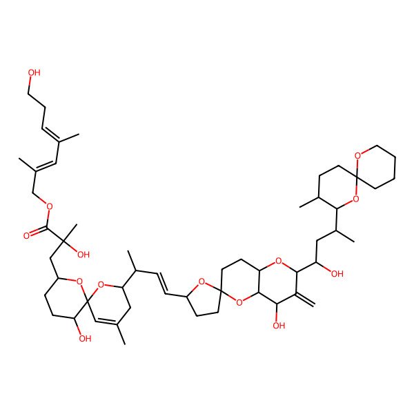2D Structure of [(2E,4E)-7-hydroxy-2,4-dimethylhepta-2,4-dienyl] (2R)-3-[(2S,6R,8S,11R)-2-[(E,2R)-4-[(2S,2'R,4R,4aS,6R,8aR)-4-hydroxy-2-[(1S,3S)-1-hydroxy-3-[(2S,3R,6S)-3-methyl-1,7-dioxaspiro[5.5]undecan-2-yl]butyl]-3-methylidenespiro[4a,7,8,8a-tetrahydro-4H-pyrano[3,2-b]pyran-6,5'-oxolane]-2'-yl]but-3-en-2-yl]-11-hydroxy-4-methyl-1,7-dioxaspiro[5.5]undec-4-en-8-yl]-2-hydroxy-2-methylpropanoate