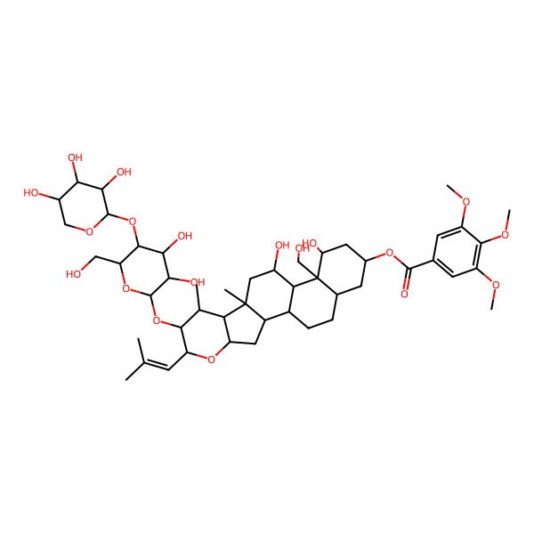 2D Structure of [7-[3,4-Dihydroxy-6-(hydroxymethyl)-5-(3,4,5-trihydroxyoxan-2-yl)oxyoxan-2-yl]oxy-12,15-dihydroxy-14-(hydroxymethyl)-8,10-dimethyl-6-(2-methylprop-1-enyl)-5-oxapentacyclo[11.8.0.02,10.04,9.014,19]henicosan-17-yl] 3,4,5-trimethoxybenzoate