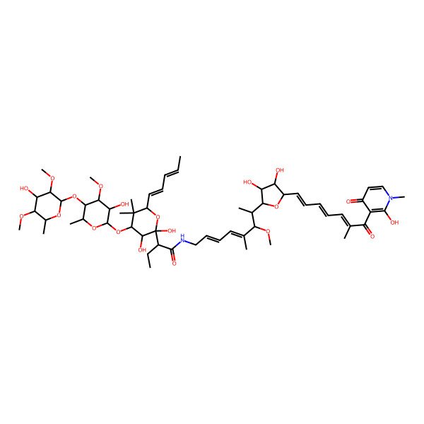 2D Structure of 2-[2,3-dihydroxy-4-[3-hydroxy-5-(4-hydroxy-3,5-dimethoxy-6-methyloxan-2-yl)oxy-4-methoxy-6-methyloxan-2-yl]oxy-5,5-dimethyl-6-[(1E,3E)-penta-1,3-dienyl]oxan-2-yl]-N-[(2E,4E)-7-[3,4-dihydroxy-5-[(1E,3E,5E)-7-(2-hydroxy-1-methyl-4-oxopyridin-3-yl)-6-methyl-7-oxohepta-1,3,5-trienyl]oxolan-2-yl]-6-methoxy-5-methylocta-2,4-dienyl]butanamide