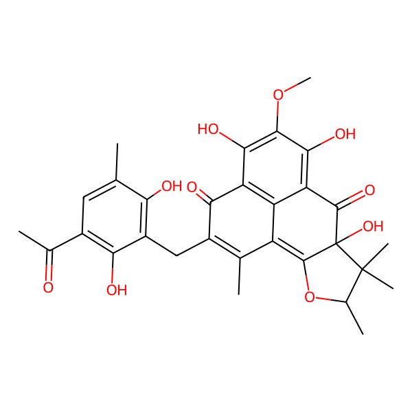 2D Structure of (7aR,9R)-2-[(3-acetyl-2,6-dihydroxy-5-methylphenyl)methyl]-4,6,7a-trihydroxy-5-methoxy-1,8,8,9-tetramethyl-9H-phenaleno[1,2-b]furan-3,7-dione