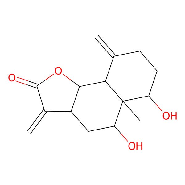 2D Structure of (3aS,5R,5aR,6R,9aS,9bS)-5,6-dihydroxy-5a-methyl-3,9-dimethylidene-3a,4,5,6,7,8,9a,9b-octahydrobenzo[g][1]benzofuran-2-one