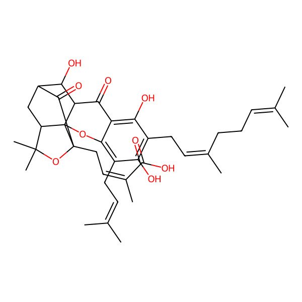 2D Structure of 4-[7-(3,7-Dimethylocta-2,6-dienyl)-6,8,12-trihydroxy-17,17-dimethyl-5-(3-methylbut-2-enyl)-10,14-dioxo-3,16-dioxapentacyclo[11.4.1.02,11.02,15.04,9]octadeca-4,6,8-trien-15-yl]-2-methylbut-2-enoic acid