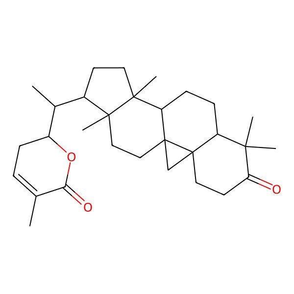 2D Structure of (2R)-5-methyl-2-[(1S)-1-[(1S,3R,8R,11S,12S,15R,16R)-7,7,12,16-tetramethyl-6-oxo-15-pentacyclo[9.7.0.01,3.03,8.012,16]octadecanyl]ethyl]-2,3-dihydropyran-6-one