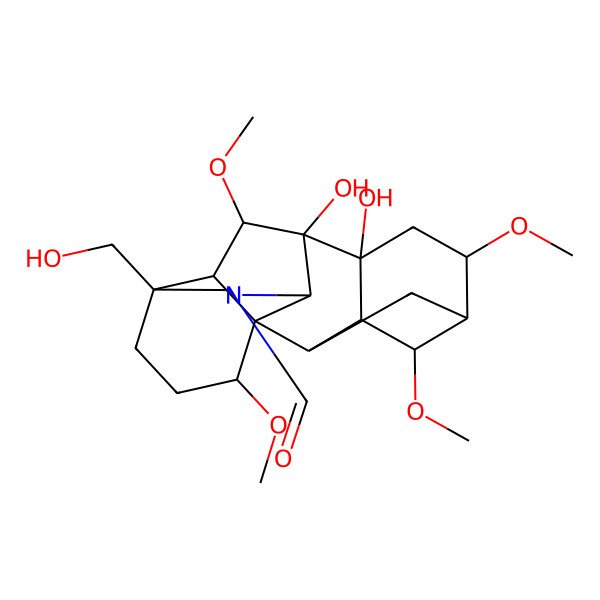 2D Structure of (1S,2R,3R,4S,5R,6S,8R,9S,10S,13S,16S,17R,18S)-8,9-dihydroxy-13-(hydroxymethyl)-4,6,16,18-tetramethoxy-11-azahexacyclo[7.7.2.12,5.01,10.03,8.013,17]nonadecane-11-carbaldehyde