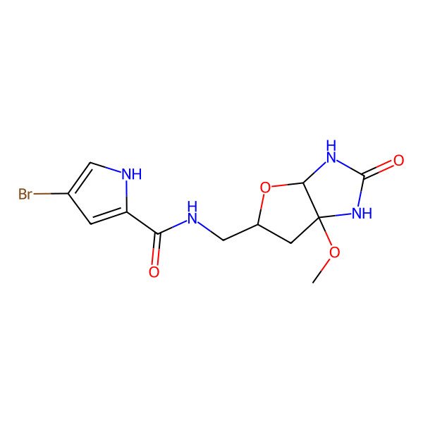2D Structure of 4-Bromo-1H-pyrrole-2-carboxylic acid (6a-methoxy-2-oxo-hexahydro-furo[2,3-d]imidazol-5-ylmethyl)-amide