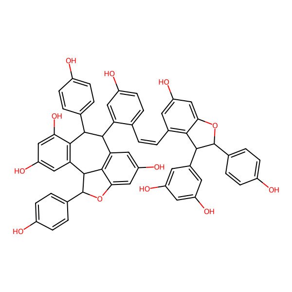 2D Structure of (1S,9S)-9-[2-[(E)-2-[(2S)-3-(3,5-dihydroxyphenyl)-6-hydroxy-2-(4-hydroxyphenyl)-2,3-dihydro-1-benzofuran-4-yl]ethenyl]-5-hydroxyphenyl]-8,16-bis(4-hydroxyphenyl)-15-oxatetracyclo[8.6.1.02,7.014,17]heptadeca-2(7),3,5,10(17),11,13-hexaene-4,6,12-triol