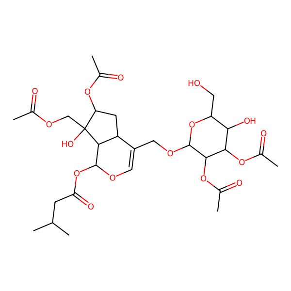 2D Structure of [(1S,4aS,6S,7R,7aS)-6-acetyloxy-7-(acetyloxymethyl)-4-[[(2R,3R,4S,5R,6R)-3,4-diacetyloxy-5-hydroxy-6-(hydroxymethyl)oxan-2-yl]oxymethyl]-7-hydroxy-4a,5,6,7a-tetrahydro-1H-cyclopenta[c]pyran-1-yl] 3-methylbutanoate