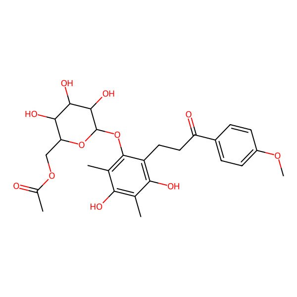 2D Structure of [6-[3,5-Dihydroxy-2-[3-(4-methoxyphenyl)-3-oxopropyl]-4,6-dimethylphenoxy]-3,4,5-trihydroxyoxan-2-yl]methyl acetate