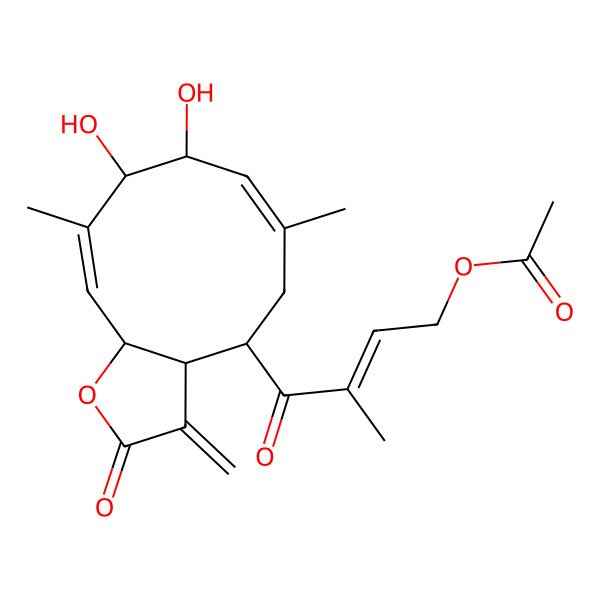 2D Structure of [(E)-4-[(3aS,4R,6Z,8R,9R,10Z,11aR)-8,9-dihydroxy-6,10-dimethyl-3-methylidene-2-oxo-3a,4,5,8,9,11a-hexahydrocyclodeca[b]furan-4-yl]-3-methyl-4-oxobut-2-enyl] acetate