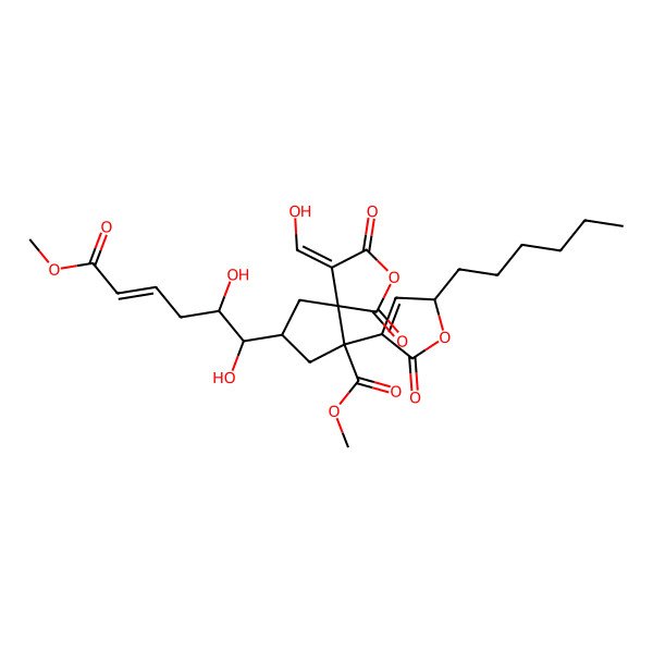 2D Structure of methyl 7-(1,2-dihydroxy-6-methoxy-6-oxohex-4-enyl)-9-(2-hexyl-5-oxo-2H-furan-4-yl)-4-(hydroxymethylidene)-1,3-dioxo-2-oxaspiro[4.4]nonane-9-carboxylate