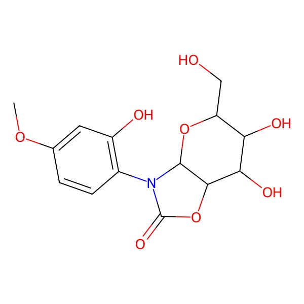 2D Structure of (3aR,5R,6S,7S,7aR)-6,7-dihydroxy-3-(2-hydroxy-4-methoxyphenyl)-5-(hydroxymethyl)-5,6,7,7a-tetrahydro-3aH-pyrano[2,3-d][1,3]oxazol-2-one