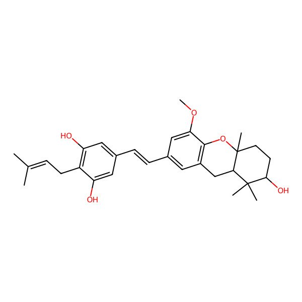 2D Structure of 5-[2-(7-hydroxy-4-methoxy-8,8,10a-trimethyl-6,7,8a,9-tetrahydro-5H-xanthen-2-yl)ethenyl]-2-(3-methylbut-2-enyl)benzene-1,3-diol