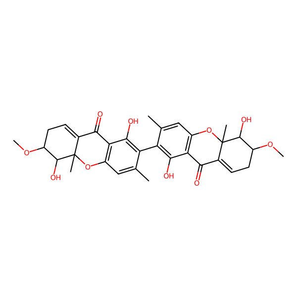 2D Structure of 7-(1,5-dihydroxy-6-methoxy-3,10a-dimethyl-9-oxo-6,7-dihydro-5H-xanthen-2-yl)-4,8-dihydroxy-3-methoxy-4a,6-dimethyl-3,4-dihydro-2H-xanthen-9-one
