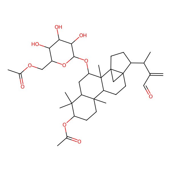 2D Structure of [(2R,3S,4S,5R,6R)-6-[[(1S,2R,3R,5R,7R,10S,11R,14R,15S)-7-acetyloxy-15-[(2S)-3-formylbut-3-en-2-yl]-2,6,6,10-tetramethyl-3-pentacyclo[12.3.1.01,14.02,11.05,10]octadecanyl]oxy]-3,4,5-trihydroxyoxan-2-yl]methyl acetate