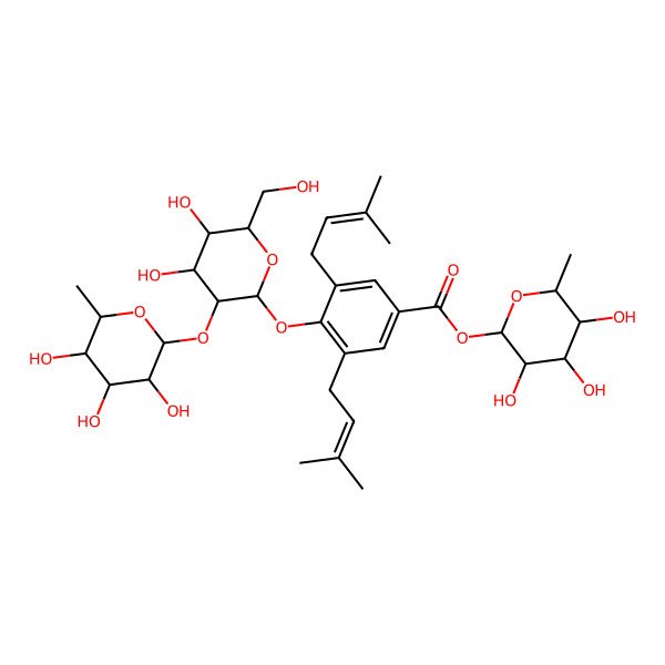 2D Structure of (3,4,5-Trihydroxy-6-methyloxan-2-yl) 4-[4,5-dihydroxy-6-(hydroxymethyl)-3-(3,4,5-trihydroxy-6-methyloxan-2-yl)oxyoxan-2-yl]oxy-3,5-bis(3-methylbut-2-enyl)benzoate