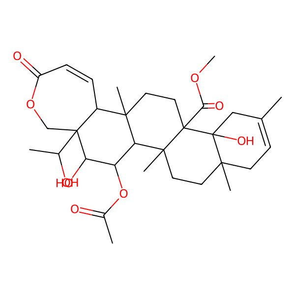 2D Structure of methyl (1S,2R,5S,10S,11R,14S,15S,21R,22R,23S)-23-acetyloxy-10,22-dihydroxy-21-[(1R)-1-hydroxyethyl]-2,5,8,14-tetramethyl-18-oxo-19-oxapentacyclo[12.9.0.02,11.05,10.015,21]tricosa-7,16-diene-11-carboxylate