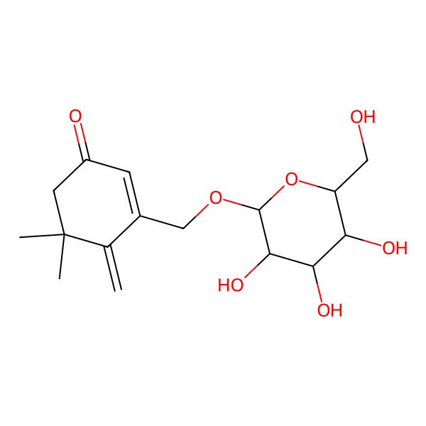 2D Structure of 5,5-Dimethyl-4-methylidene-3-[[3,4,5-trihydroxy-6-(hydroxymethyl)oxan-2-yl]oxymethyl]cyclohex-2-en-1-one